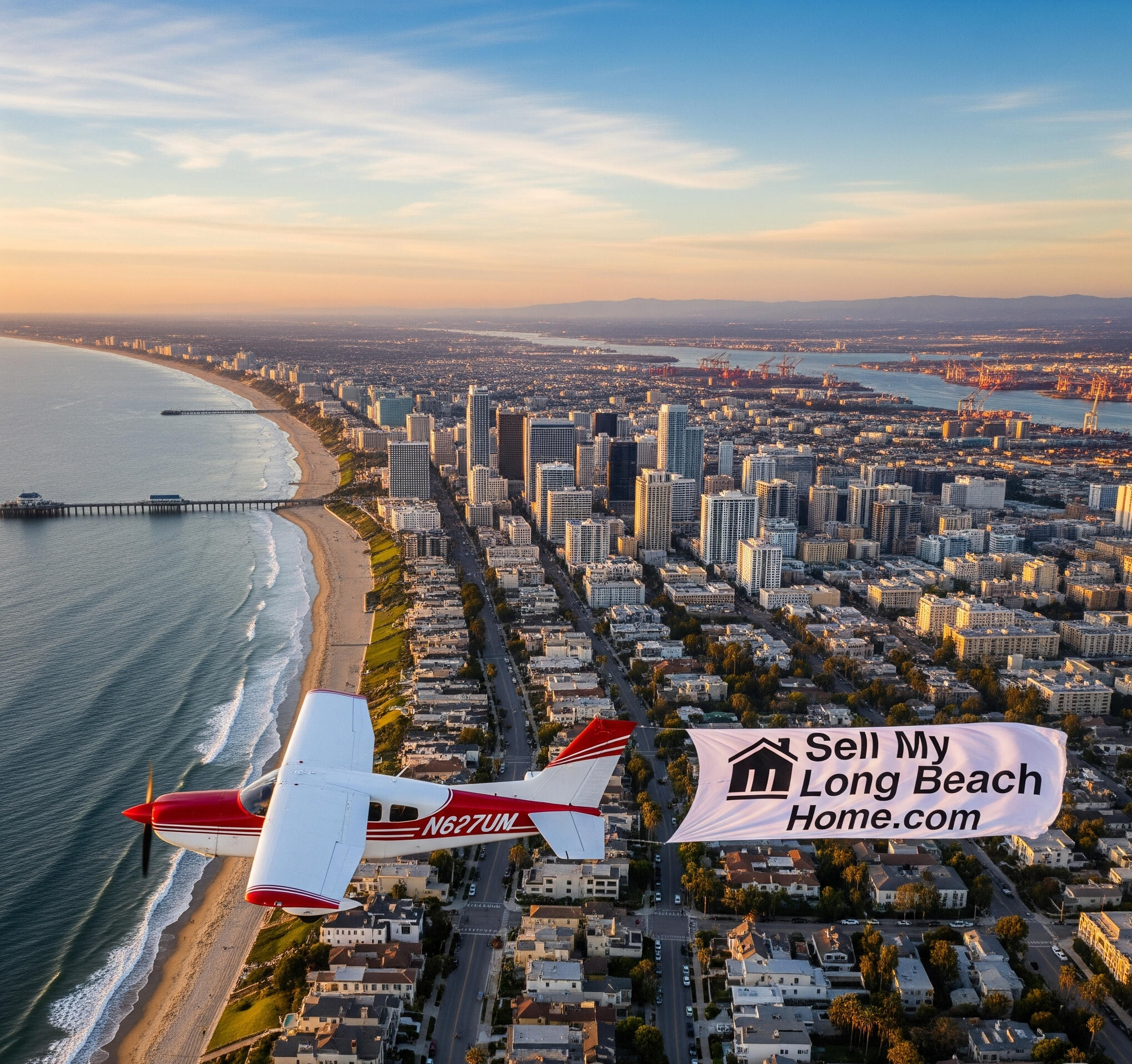 A vibrant aerial view of city of Long Beach in California with luxury homes and Pacific Ocean in the background